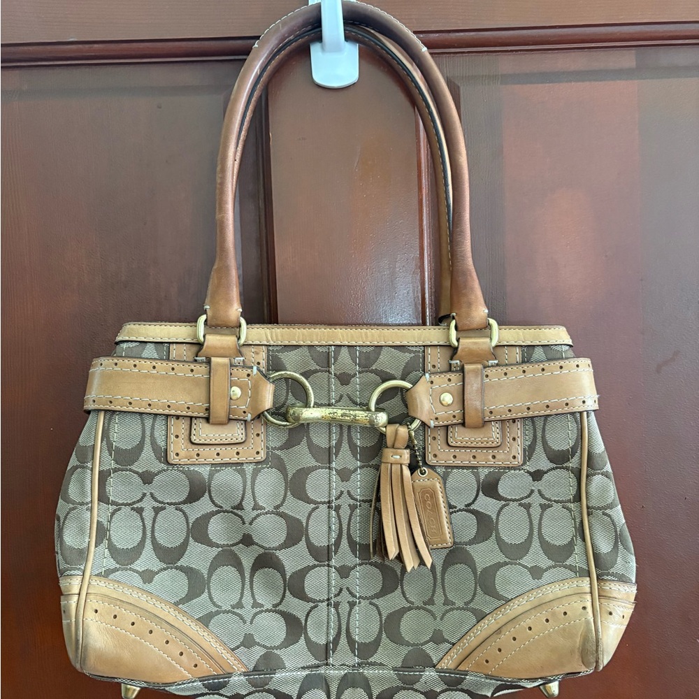 Coach Brown and Tan Shoulder Bag with Signature Monogram